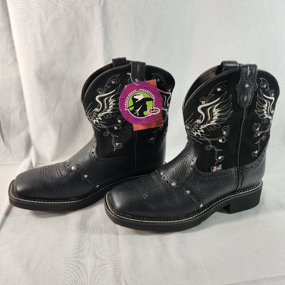 Justin Womens 10 B Black Boots Leather Western Square Gypsy Wings Cross Cowgirl